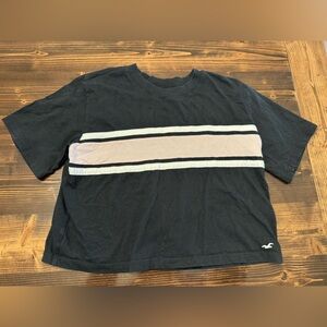 Hollister Cropped Boyfriend Tee Black with Pink & White Stripe Size M‎